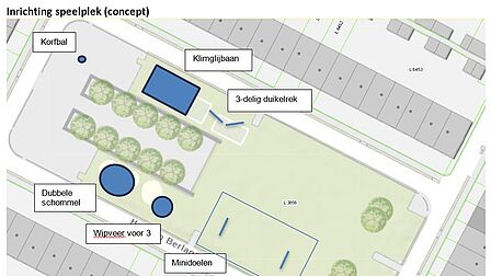 Speelplek weergegeven met daar ingetekend korfbal, klimglijbaan, 3-delig duikelrek, dubbele schommel, wipveer voor 3 en minidoelen.