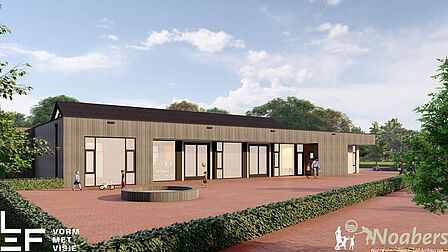 Getekende weergave van het gebouw kindcentrum Lettele, 1 laags, buitenkant hout, veel ramen. Een pleintje met een zandbak en een groene heg.